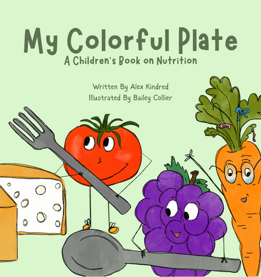Book cover of 'My Colorful Plate' with cartoon vegetables and utensils on a light green background.