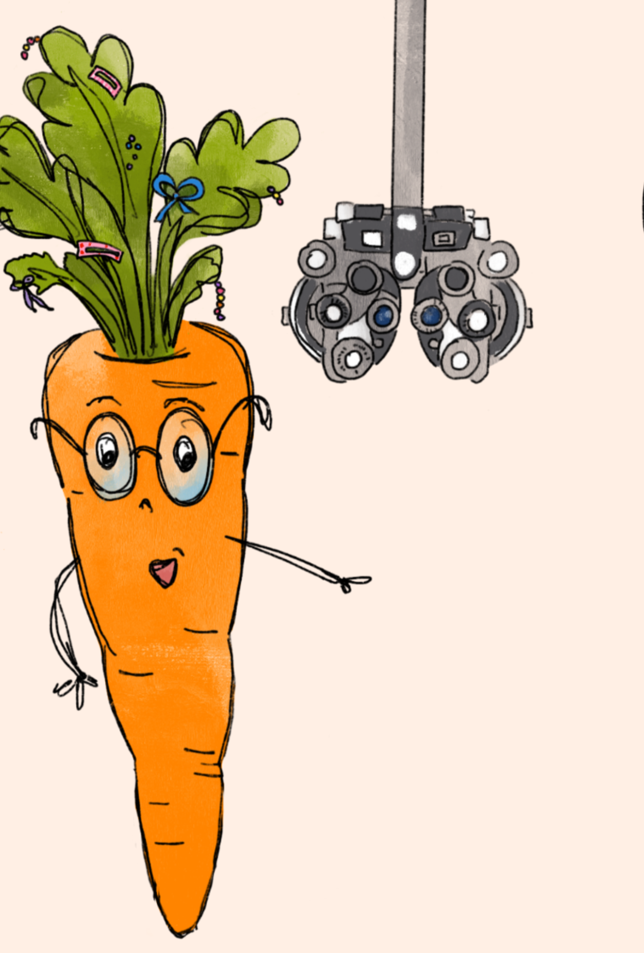 Cartoon carrot with glasses and a device to test vision