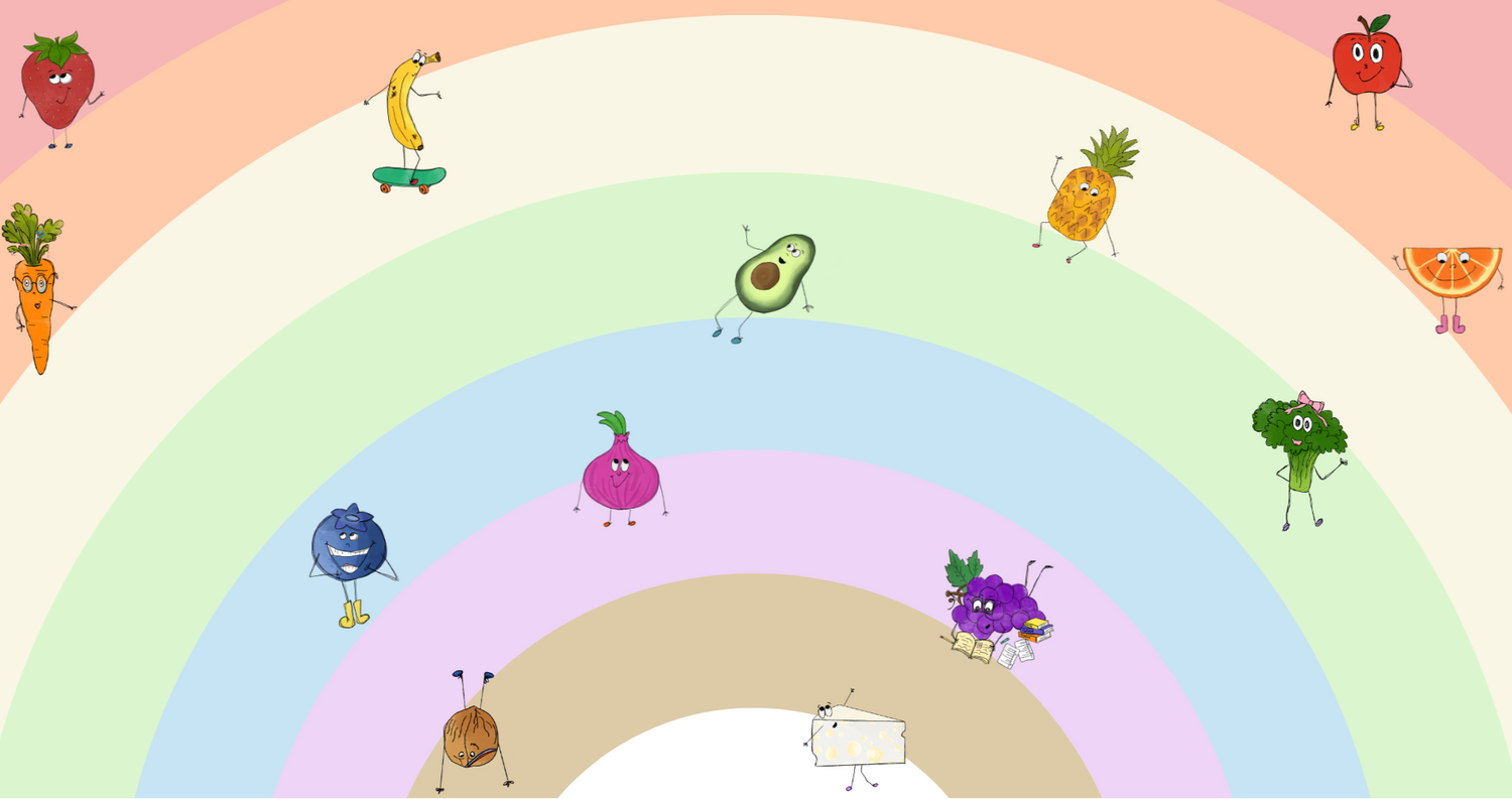 Cartoon vegetables on a rainbow background