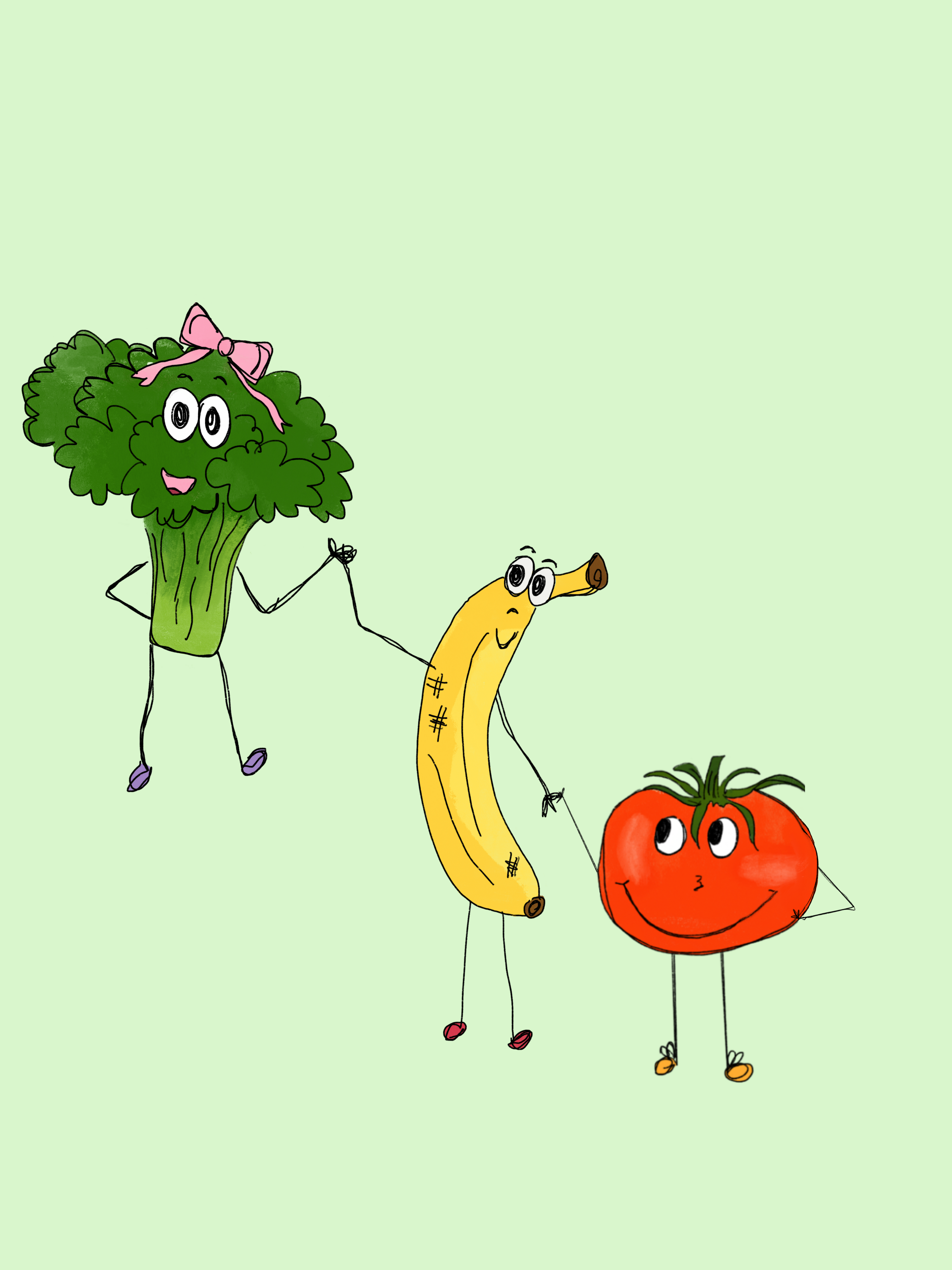 Cartoon broccoli, banana, and tomato holding hands on a light green background