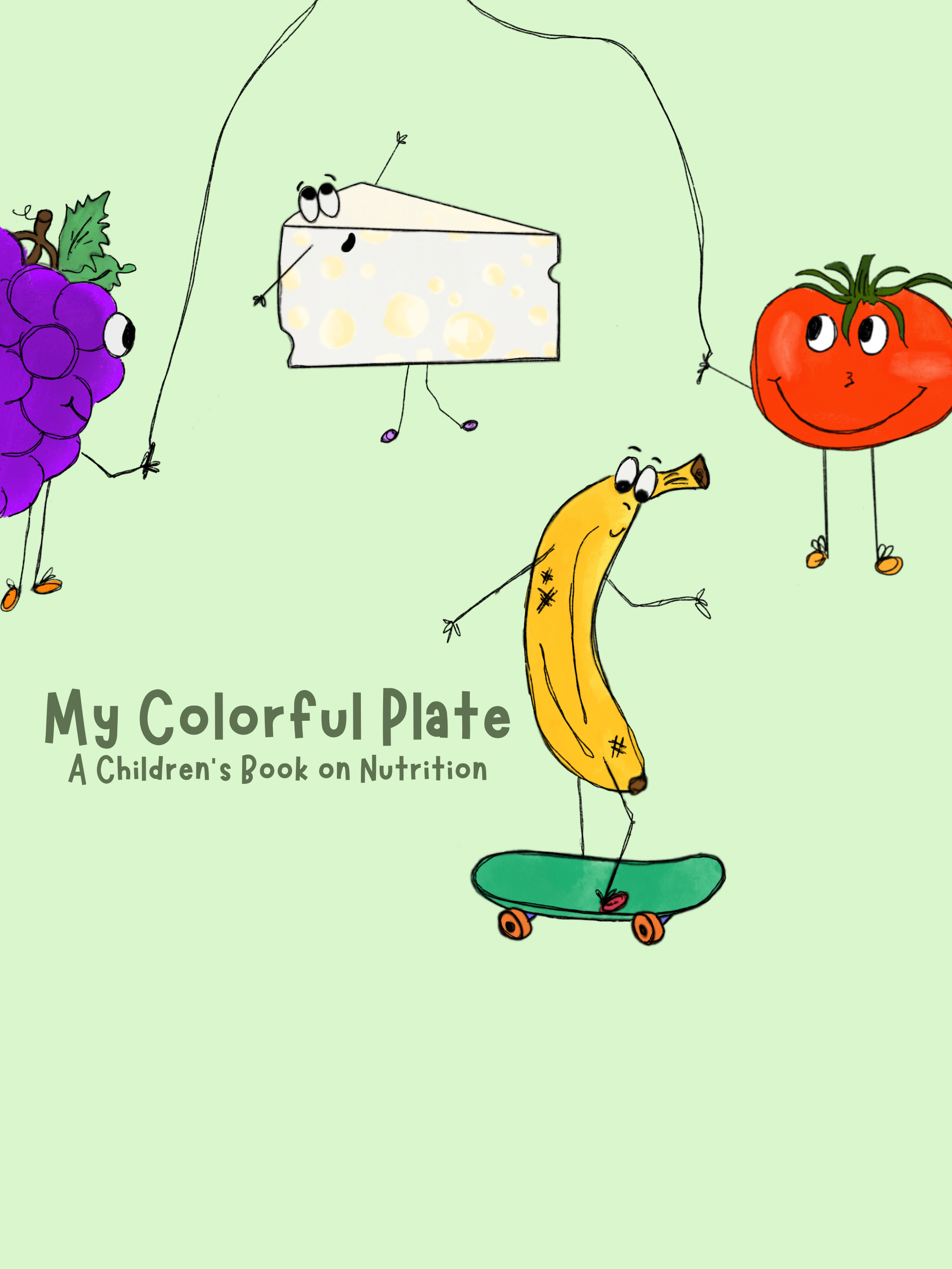 Children's book cover with cartoon fruits and vegetables skipping rope and skateboarding on a green background
