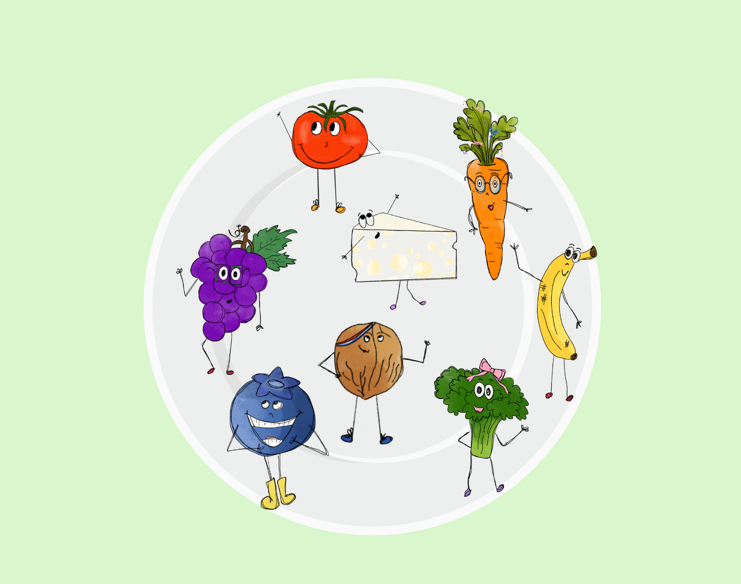 Fruit and vegetable characters on a plate against a light green background